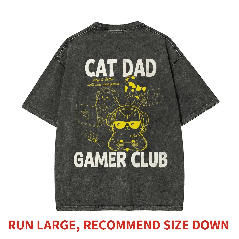 Men's Vintage Washed Pure Cotton Round Neck Short-Sleeve Graphic Print T-Shirt - Cat Dad Gamer Club Design, Heavyweight, Boxy Cut Extremely Oversized Fit, All Seasons Menswear Tops