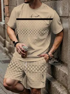 Men's Spring Summer Casual Short Sleeve Set, Houndstooth Pattern Tee, Breathable Sporty Style, Perfect Gift for Men