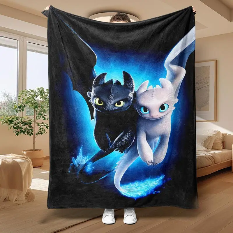 1pc Hot Anime H-How to Train Your D-Dragon Night Fury Light Fury Skin Friendly Blanket, Soft Warm Comfortable, Ideal for Bed Office Sofa Camping Travel Gift Cozy Vibes, Holiday Gift, Must-Have, Book Lover, Comfortable Throw, Warm Blanket, Fantasy Fans, Wi