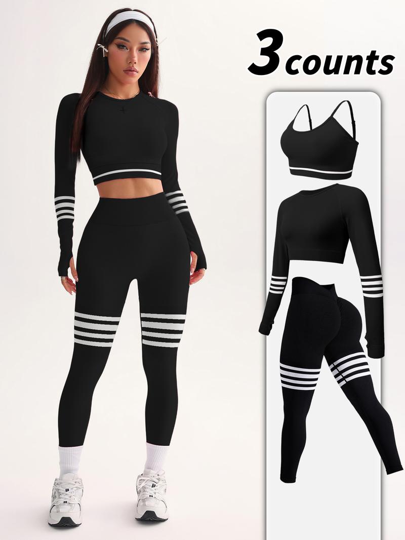 Women's Striped Print Sports Bra & Leggings & Crop Top Tracksuit Set, Sporty Breathable Comfy Outfits for Yoga Gym Workout Running, Ladies Sportswear for All Seasons, Athletic Activewear Tracksuits, Workout Running Clothes