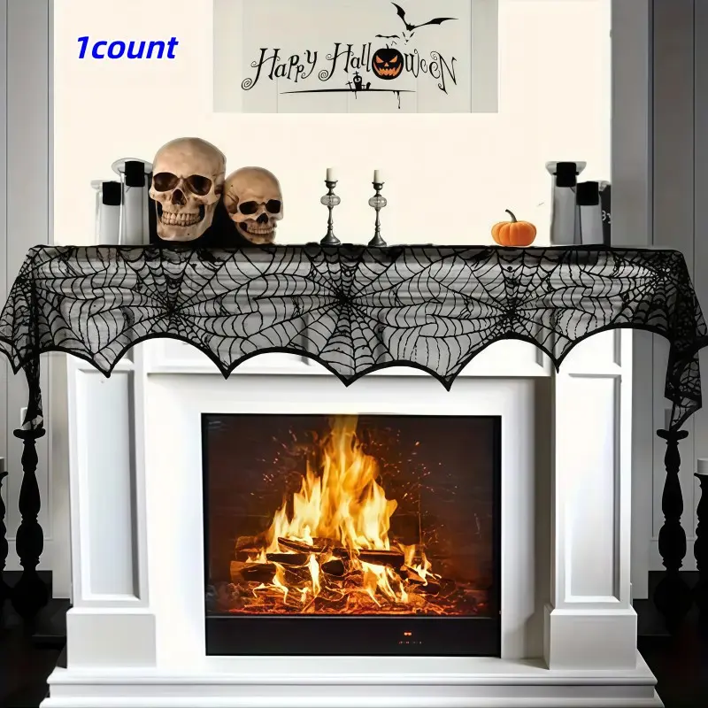 Halloween Spider Web Fireplace Tablecloth, Lace Spider Web Fireplace Scarf, Halloween Home Decor, Spooky Spider Design Party Decoration