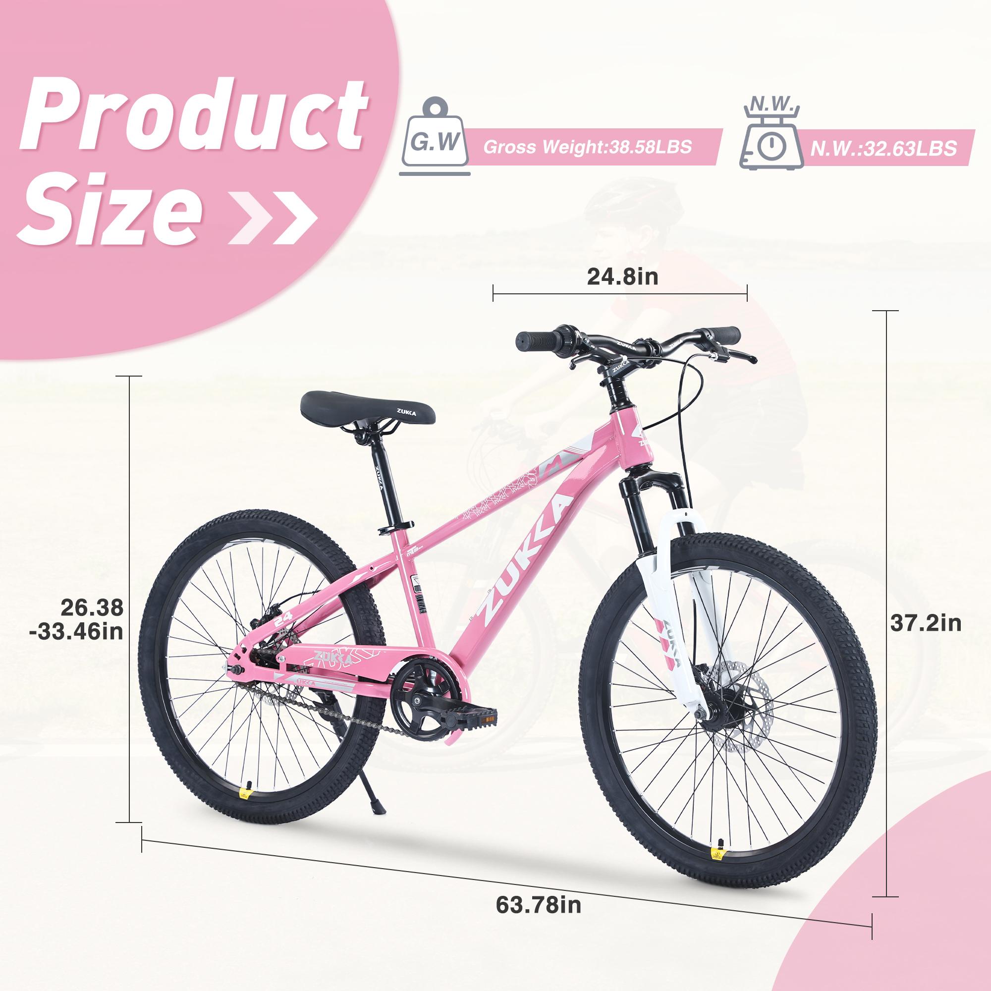 24 Inch Kids Mountain Bike for 9-12 Years Old, 56-66 Inch Rider Height, Steel Frame Double Disc Brake, Suspension Fork, Adjustable Saddle Handlebar, Anti-Slip Pedal, Single Speed Outdoor Bike for Pavement Mud Gravel Snow Road
