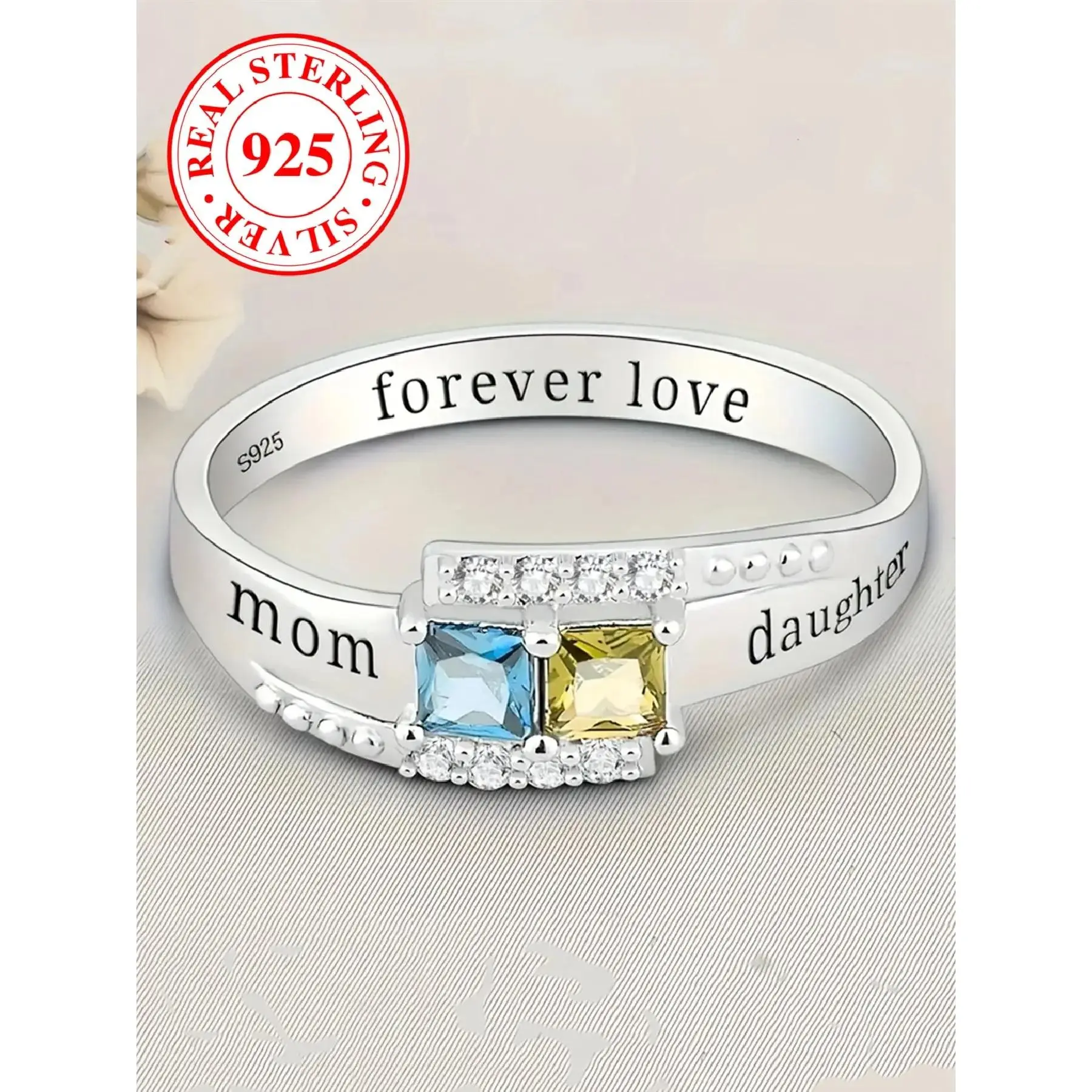 S925 Sterling Silver Ring, Fashionable Mom Daughter Engraved Lettering Jewelry, Casual Style Engagement Ring Exquisite Birthday Anniversary Gifts with Box, Mother Daughter Ring, Forever Love Ring, Letter Band Rings, Real Rings