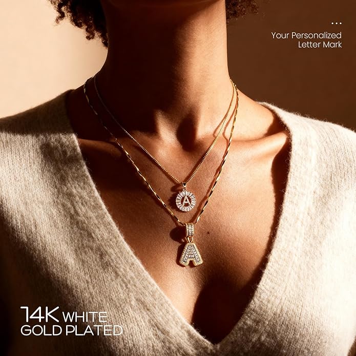 2 Pack 14K Gold Plated CZ Initial Necklaces for Women, 26 Letters Personalized Name Jewelry, Double Layer Couple Necklace Set, Perfect for Birthday & Mother's Day Gifts, Suitable for Banquets, Parties & Daily Wear