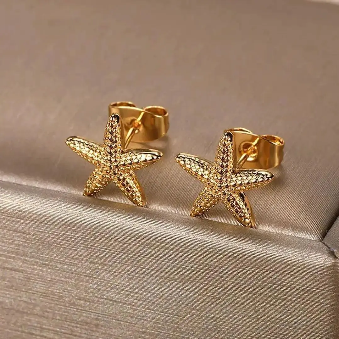 Women's Vintage Summer Star Shape Stainless Steel Stud Earrings - Copper Base, Female Wear, Shell Motif, Simple Look, Ocean Party Jewelry Gift 2025, Prop 65 Safe