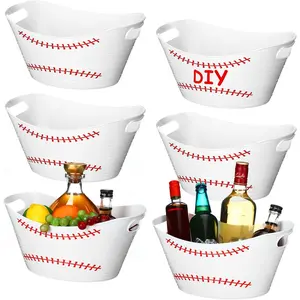 Teenyyou 6 Pcs White Baseball Plastic Ice Bucket Drink Cooler Bulk 4.5l Oval Storage Basket Tub with Handles for Summer Sport Birthday Party Decoration Supplies