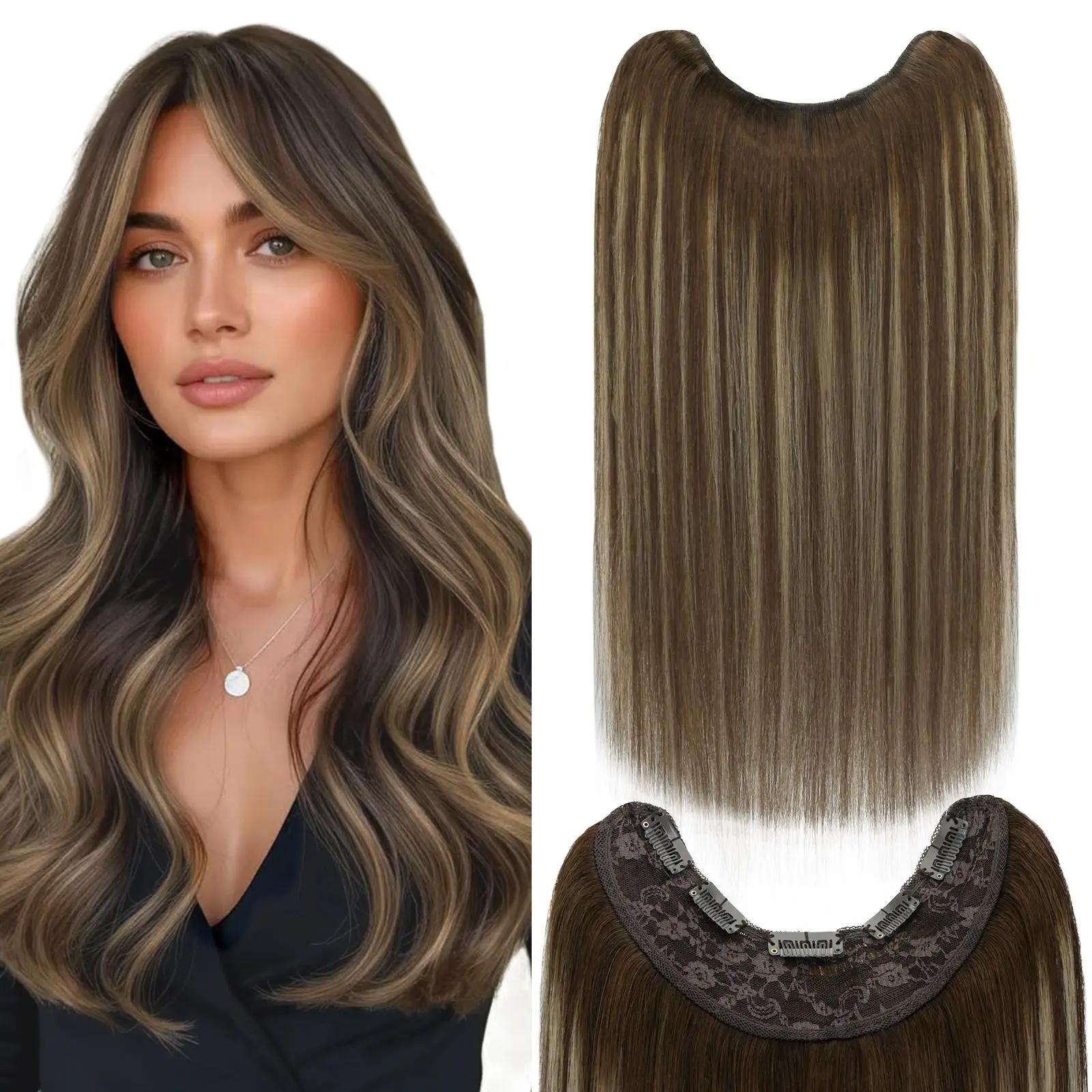 VINBAO U-Shape Clip-in Human Hair Extensions, 1-Piece Straight Wavy U-Weft with 5 Clips, 3/4 Full Head, 70g-85g, 14in-22in, Easy Styling for Daily Use & Special Events