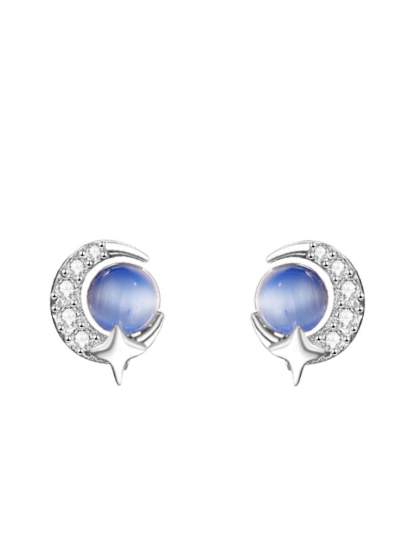 925 Sterling Silver Moon & Star Design, Artificial Gemstone Decorated, Fashion Jewelry Accessories for Women & Girls, Artificial Zircon Earrings