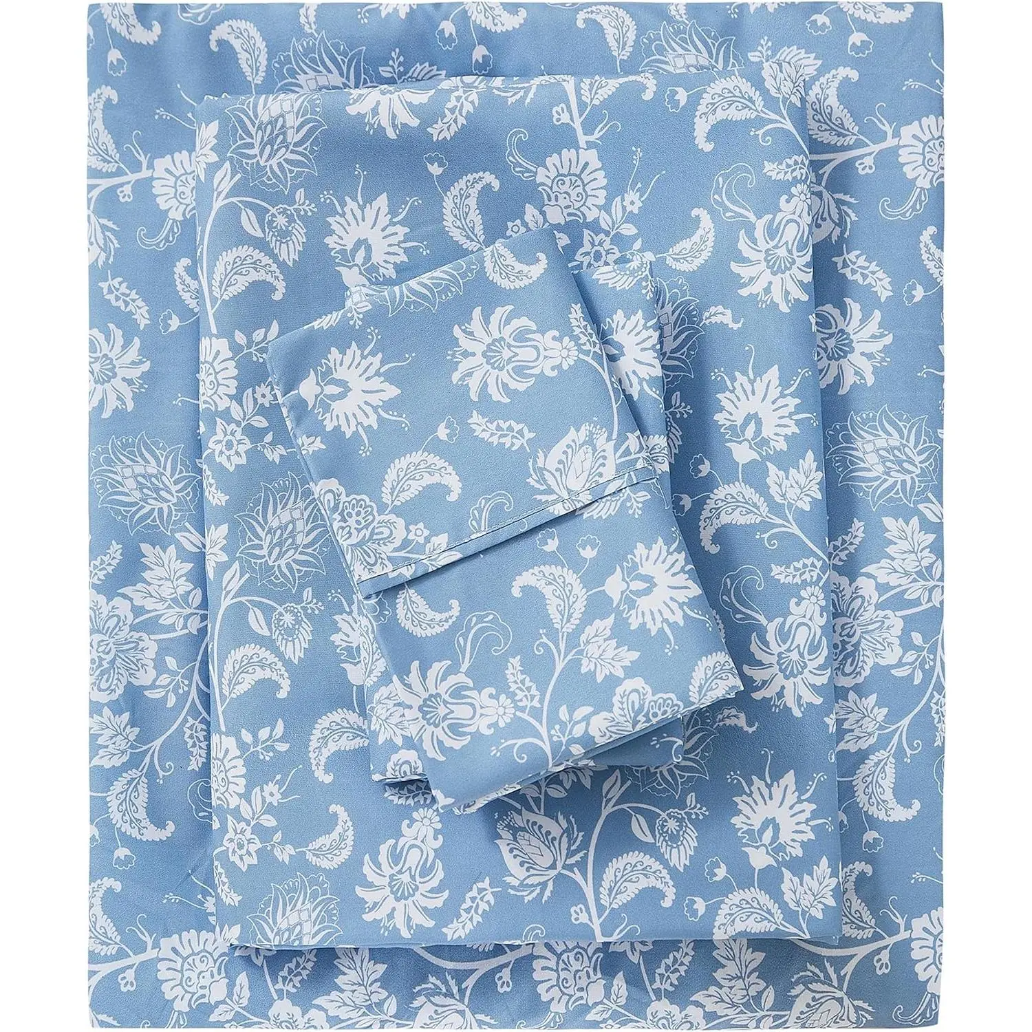 Cozy Vintage Microfiber Printed Queen Sheet Set - Soft & Breathable Percale Blue Paisley Bed Sheets with Deep - Non-Slip Fitted - Blue Flower Pattern - Queen