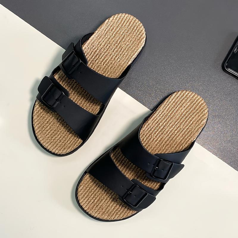 Men's Retro Solid Color Open Toe Breathable Slippers, Comfortable and Non-Slip Durable Double Buckle Strap Sandals, Men's Footwear