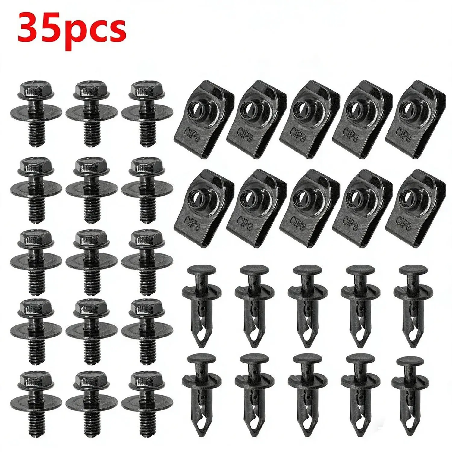 35PCS M6 Plastic & Carbon Steel (Iron) Body Bolt Fastener & Clip Set with U-Nut Clips - Anti-Rust, Wear-Resistant, Quick Install, Easy to Use & Replace Auto Replacement Parts for Auto Fender, Bumper Fix