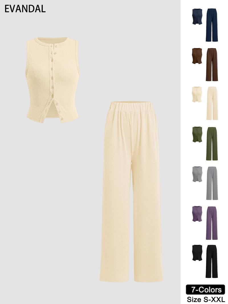 Women's Solid Ribbed Button Tank Top & Straight Leg Pants Two-piece Set, Casual Sleeveless Top & Trousers for Daily Wear, Ladies Two-piece Outfits for All Seasons, Clothes,Airport Outfit