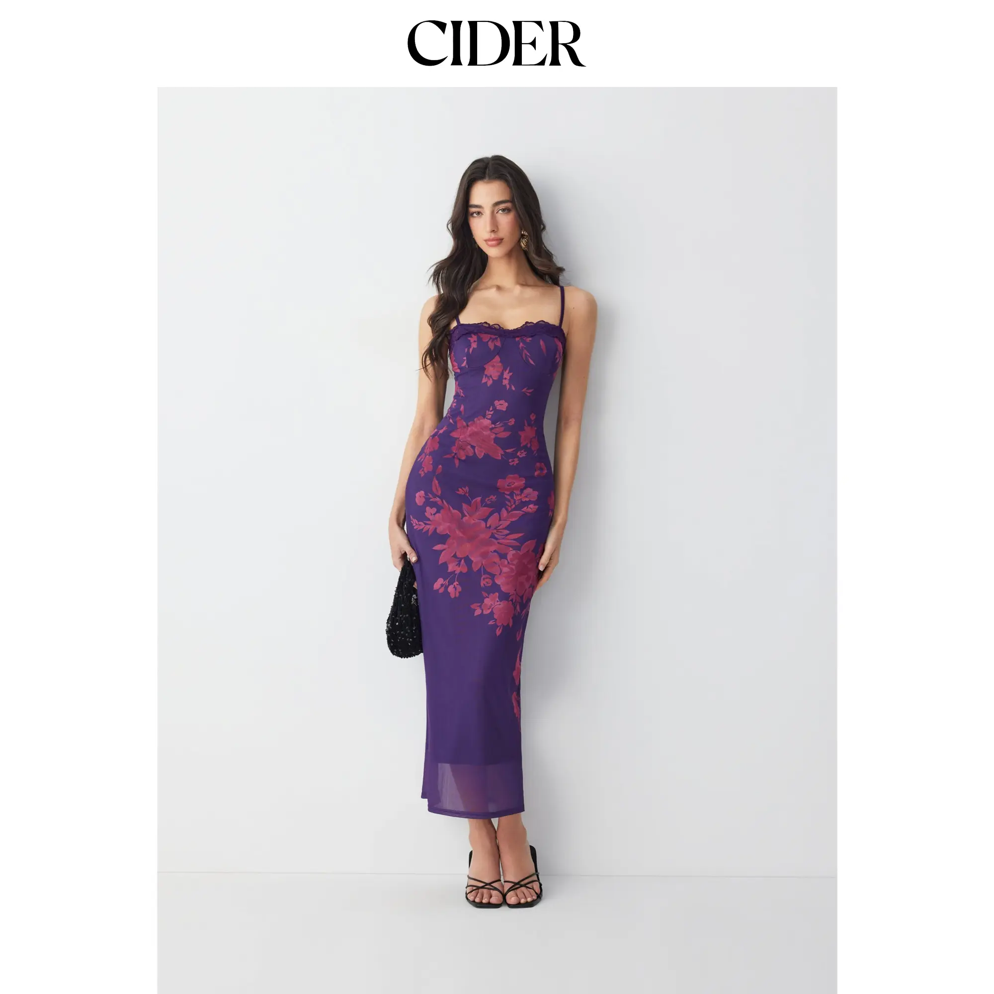 Cider Mesh Floral Graphic V-neck Lace Trim Lace Up Straight Maxi Dress