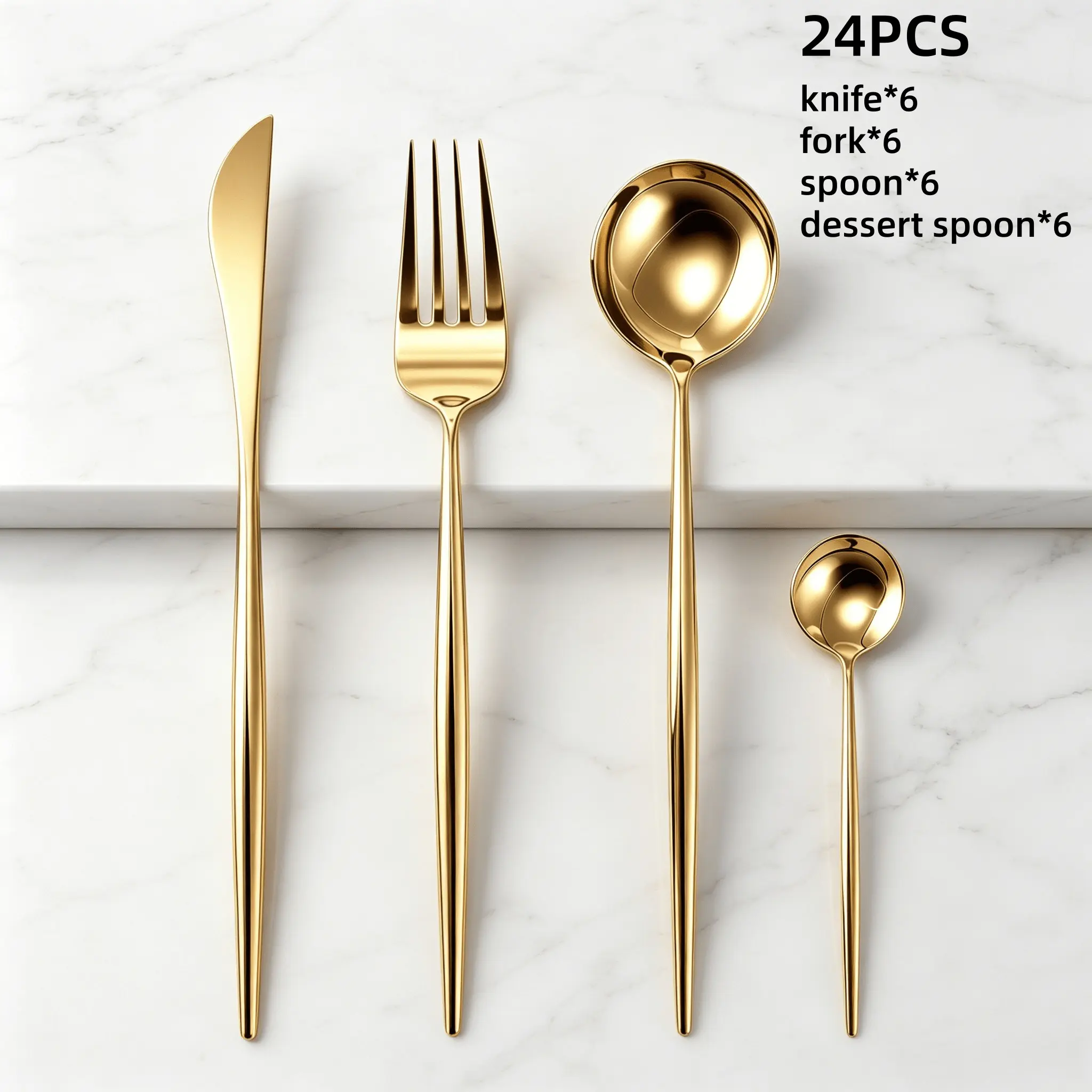 Stainless Steel Gold Tableware Cutlery Set, 24pcs/set Cutlery Service Kits Mirror-Polished Flatware Service for 6, Includes Dinner Knives, Dinner Spoons, Dinner Forks, Teaspoons, Durable and Dishwasher Safe, Gold Dinnerware Sets