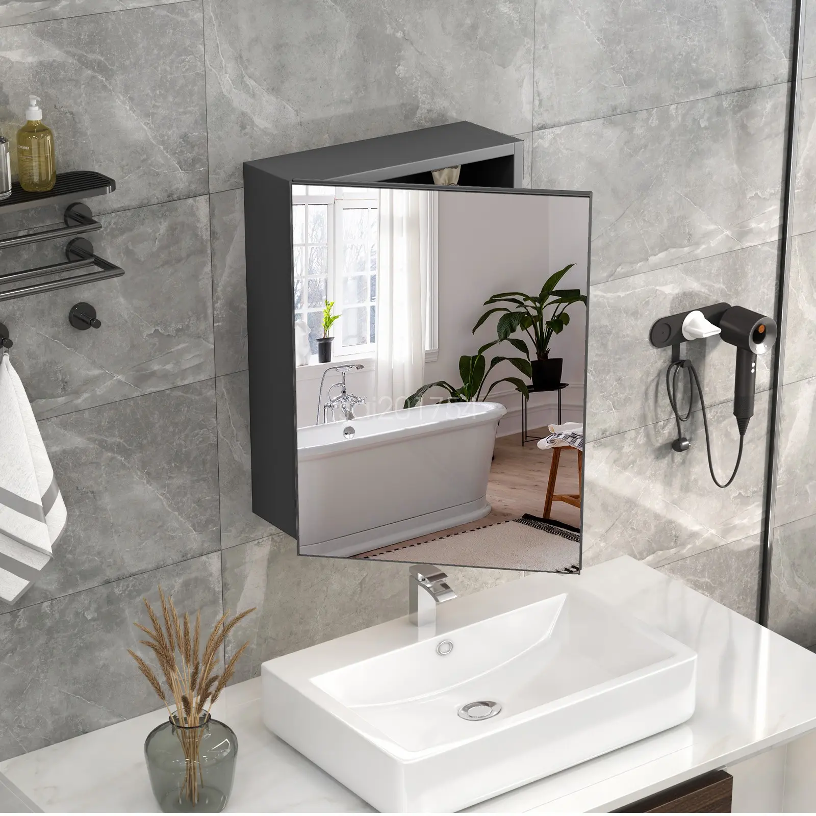 Black Medicine Cabinet with Mirror, Wall Mounted Bathroom Mirror Cabinet with Storage Shelves, Aluminum Rustproof, Modern