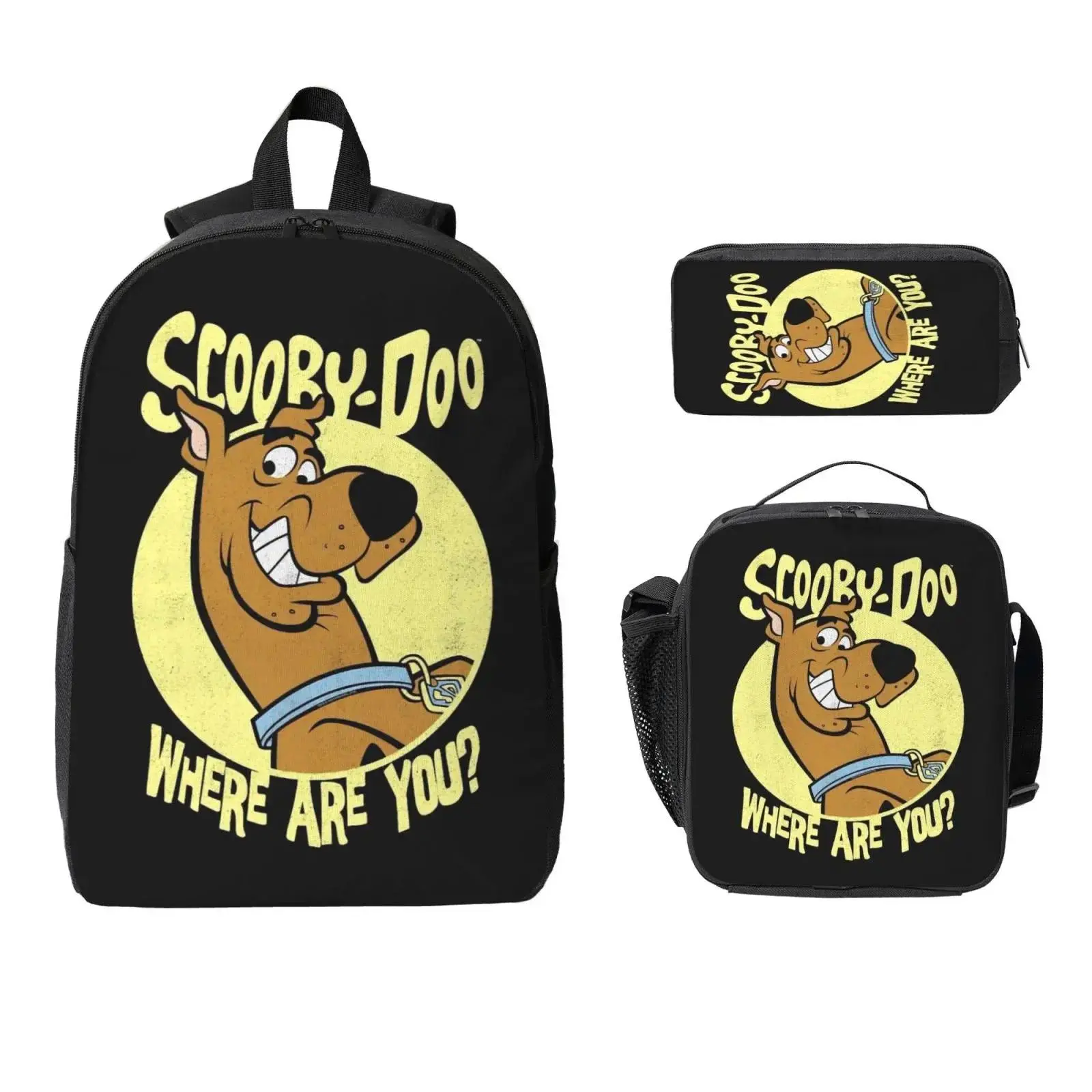 3-Piece Scooby-Doo Printed Polyester School Backpack Set, High-Capacity Zipper Bookbag with Lunch Box & Pencil Case for Travel