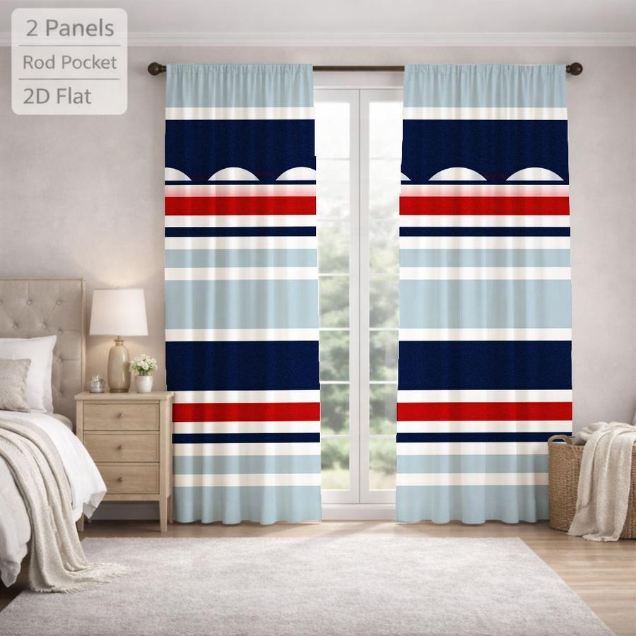2Pcs Modern Striped Nautical Pattern Sun Blocking Curtains Digital Printed Rod Pocket, Window Treatment For Bedroom Office Kitchen Living Room Study Home Decor