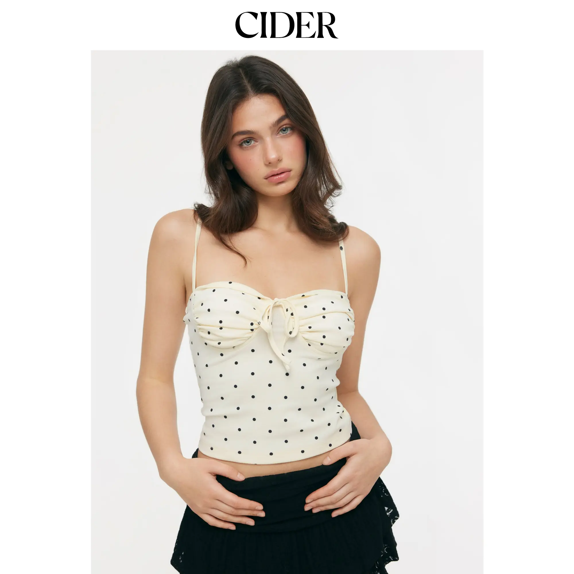 Cider Cotton Polka Dot Ruched Knotted Cropped Cami Top