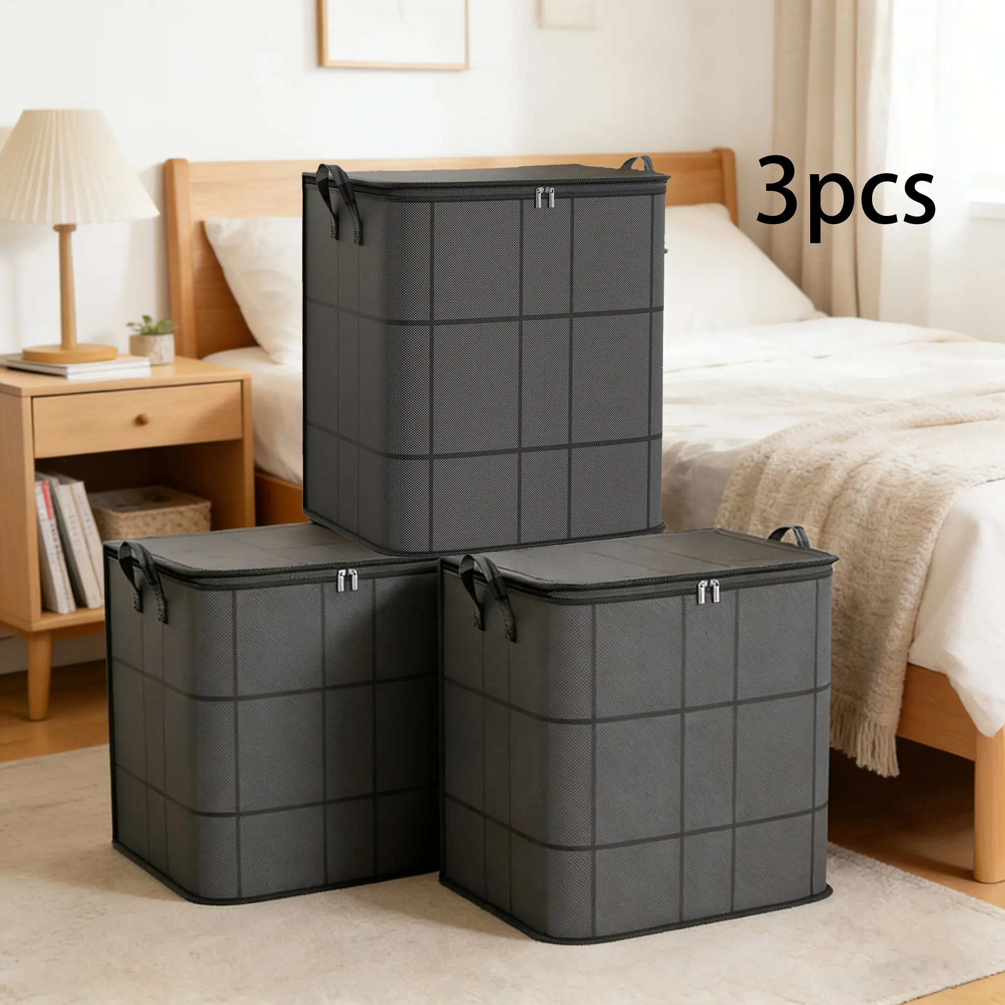 3-Pack Large Woven Fabric Clothes Storage Boxes, Classic Rectangle Collapsible Closet Organizer Containers with Reinforced Handles & Heavy-Duty Zippers, Multi-Purpose Household Bins for Clothing Blankets