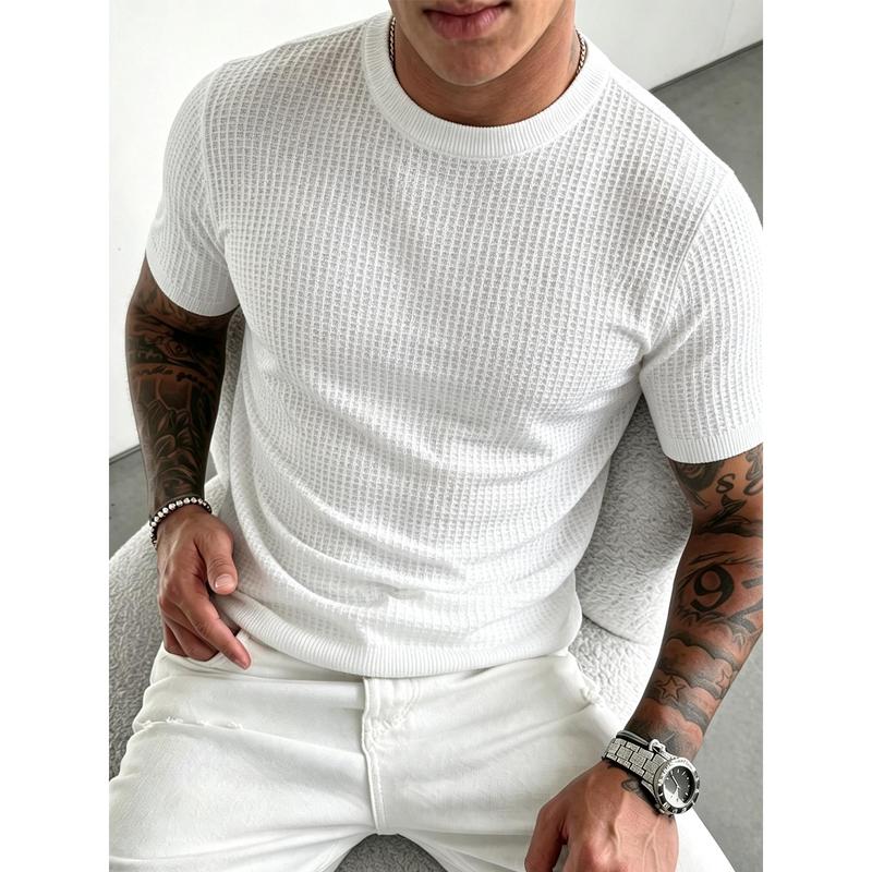 Breathable waffle knit crew neck short sleeve tee with ribbed trim on collar and cuffs, lightweight textured stretch fabric slim tailored silhouette minimalist basic top staple for casual daily modern mensfashion styling