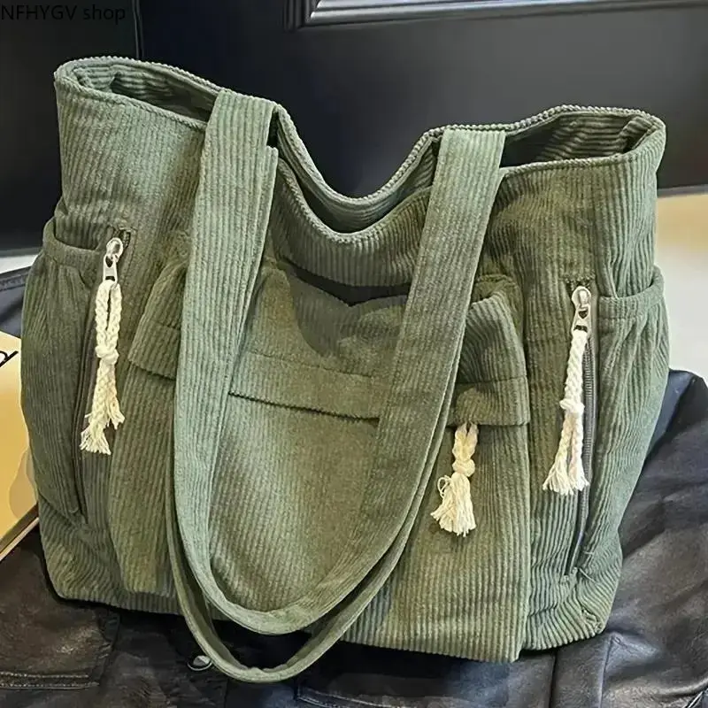 Women's Corduroy Tote Shoulder Bag, Large Capacity Multi-Pocket Multi-Compartment Handbag With Secure Zippers And Fixed Straps, Storage Accessory For Gym Daily Commute Travel Everyday Casual Outfit Styling Use