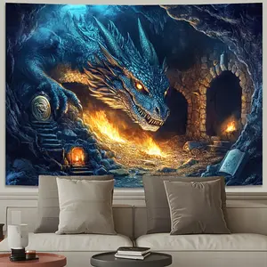 2D Flat, 2D Flat Banner, 1pc, Dragon's Nest Tapestry - Mysterious Cave with Glowing Fireballs and Ancient Treasures, Wall Hanging for Room, Bedroom, Living Room, Office Decor, Party Backdrop, Garden Backdrop, Mysterious Party Backdrop |   Mythical