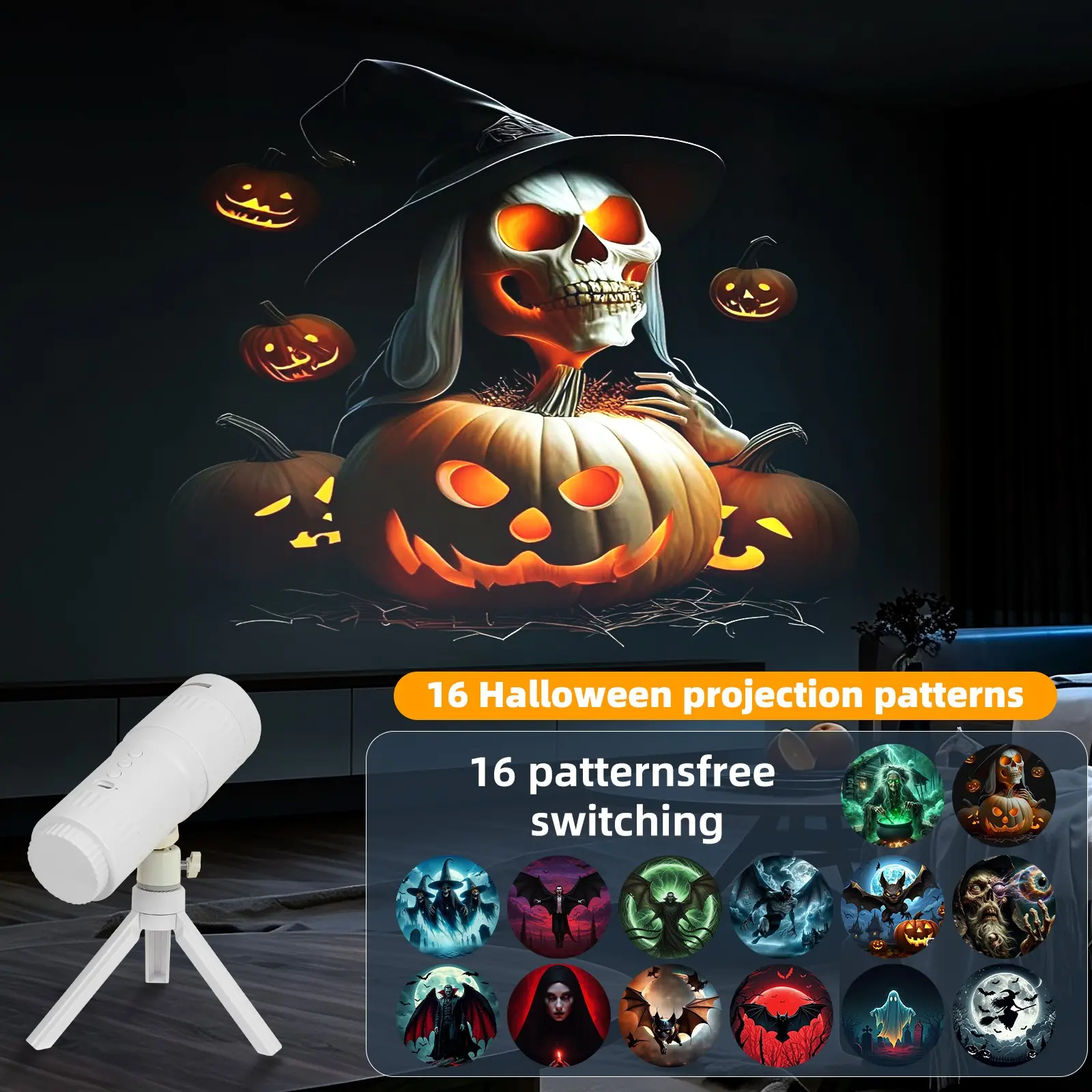 Halloween/Rechargeable Battery/360° Rotating Projection Pattern/Timer Function/LED Ambient Night Light with 16 HD Holiday Patterns, perfect for bedroom party decorations and holiday gifts.
