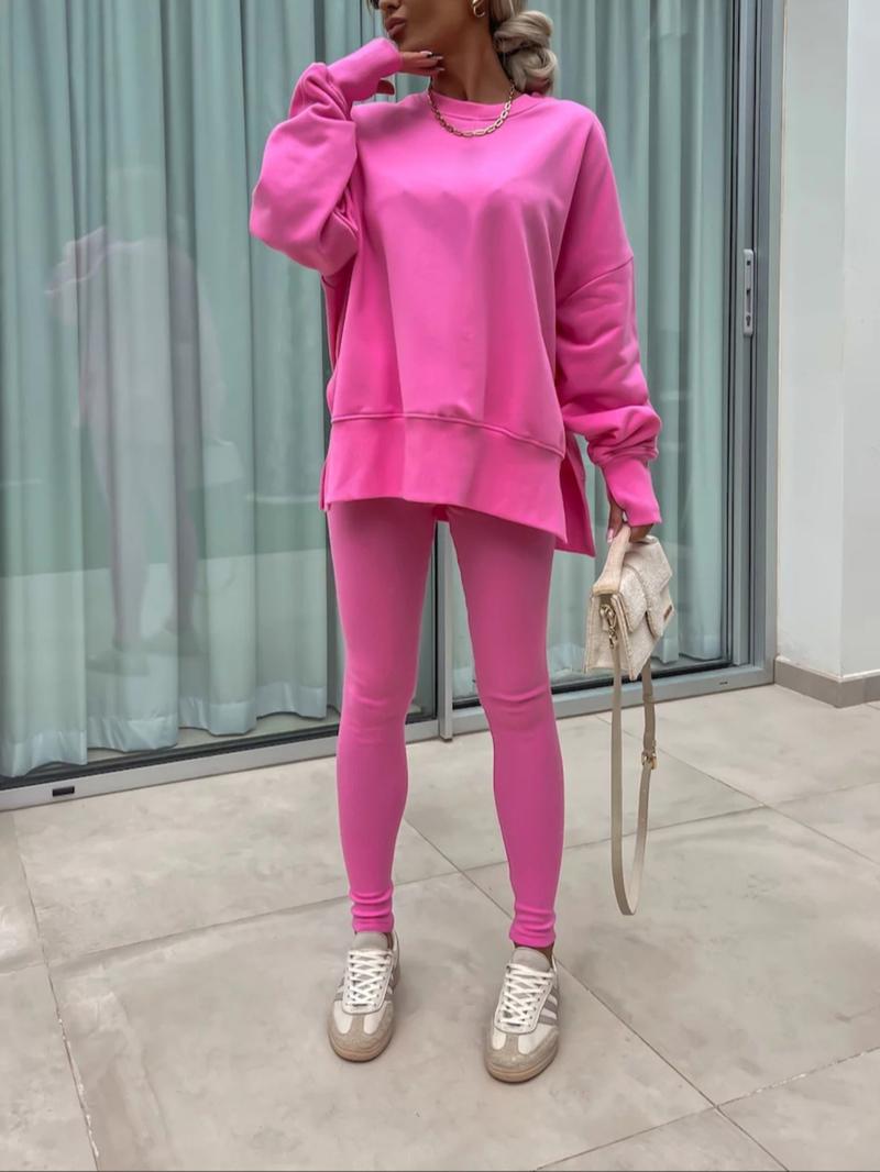 Women's Solid Sweatshirt & Skinny Pants Two-piece Set, Casual Fashion Cozy Round Neck Long Sleeve Pullover & Trousers for Daily Outdoor Wear, Ladies Spring & Fall Clothes