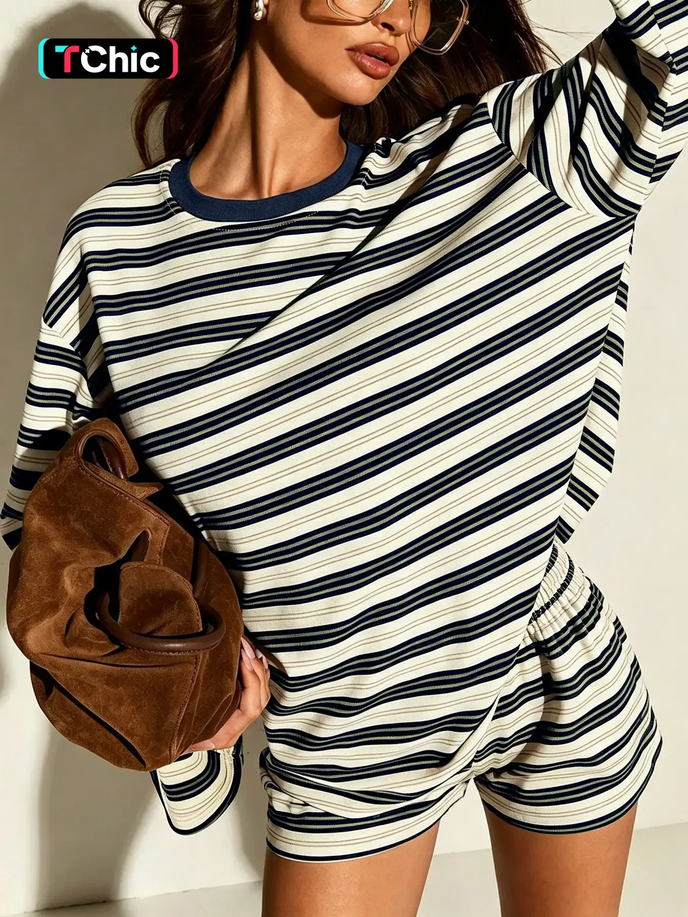 2 Piece Women Crew Neck Horizontal Stripe Loose Long Sleeve Sweatshirt Matching Elastic Waist Shorts Casual Loungewear Two Piece Set No Necklace