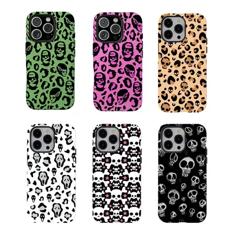[No magnetic]  Y2K Skull Leopard Print Phone Case,durable phone Cover,Grunge Goth Aesthetic for iPhone 17 16 15 14 13 12 11 8 7 for Samsung Series,Shockproof Protective Dual-Layer design phone case,trending phone Cover,perfect gift for girl