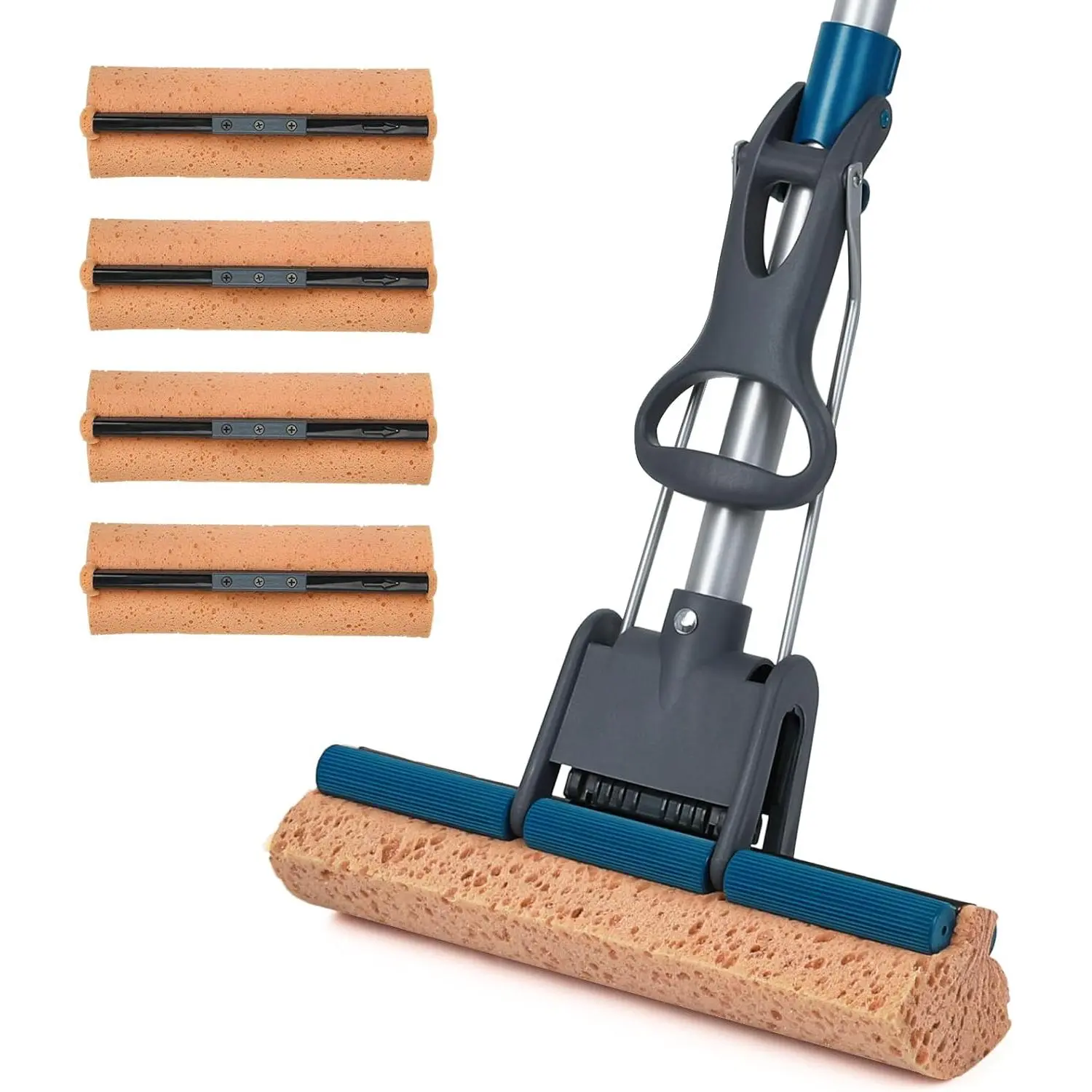 50" Heavy Duty Self-Squeeze Sponge Roller Mop for Floor Cleaning, With 4 Cellulose Refill Heads, Suitable for Hardwood, Tile, Concrete, Wall and Ceiling Cleaning