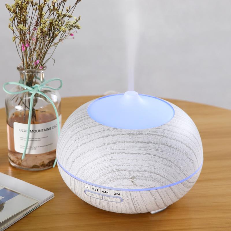 Modern Wood Grain 550ml Essential Oil Diffuser & Air Humidifier with Auto Shut Off, 7 LED Colors, Remote operation Control, and 6 Bottle Oil Set - Aromatherapy Machine & Air Purifier timer setting Aromatherapy Diffuser with Lights Aroma plant Diffuser