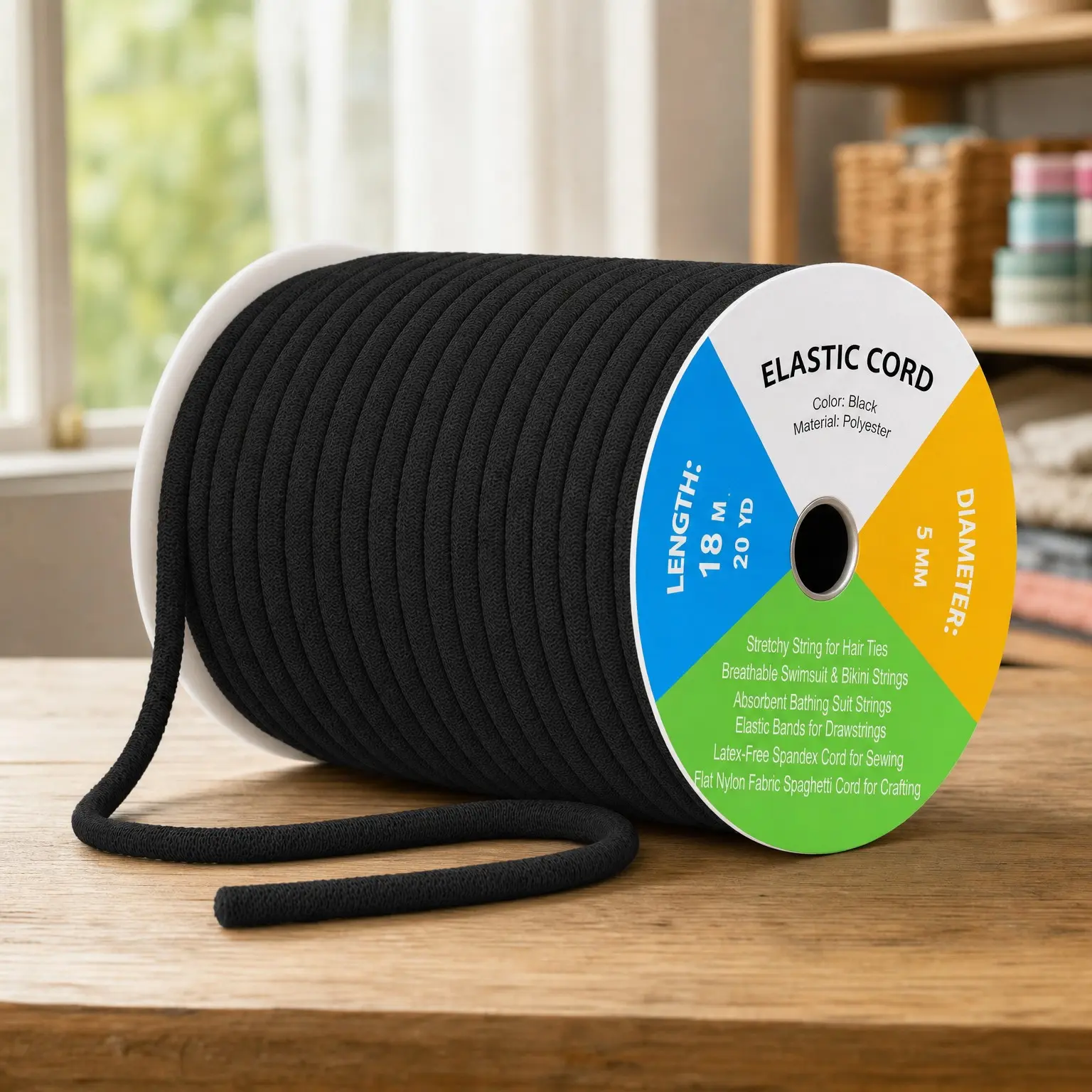 5mm Black Soft Elastic Cord for Hair Ties, Bikini, Drawstrings & Sewing | 20 Yards Durable Flat Stretch Nylon Spandex String, No ShrinkGift