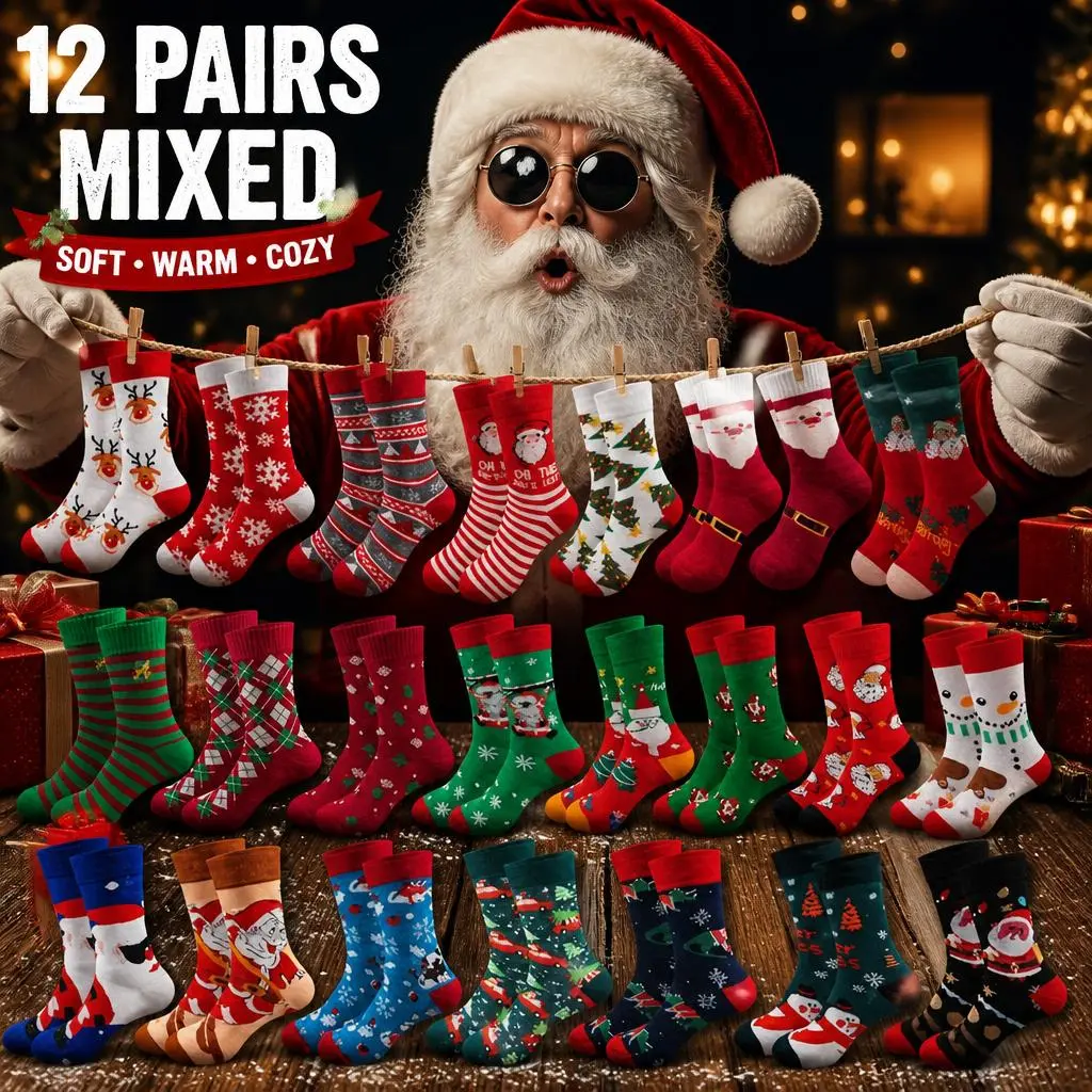 12Pairs /Pack Festive Christmas Socks Set Festive Xmas Holiday Pattern Mid-Calf Socks, Soft Warm Cozy Novelty Socks Set For Christmas Gift Daily Party Wear