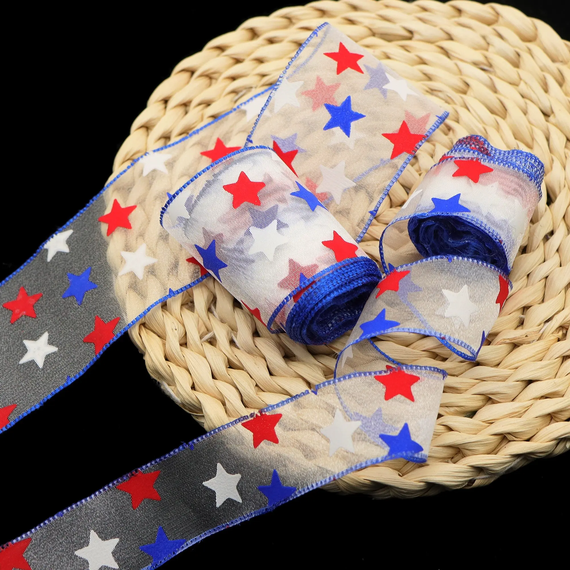 1Roll（5 Yards） Retro Patriotic Ribbon Suitable for Fourth of July - Red White Blue Star Organza Ribbon, 5 Yards Long, Independence Day 4th July Party Decor, Handmade Wreath Decoration，party decoration
