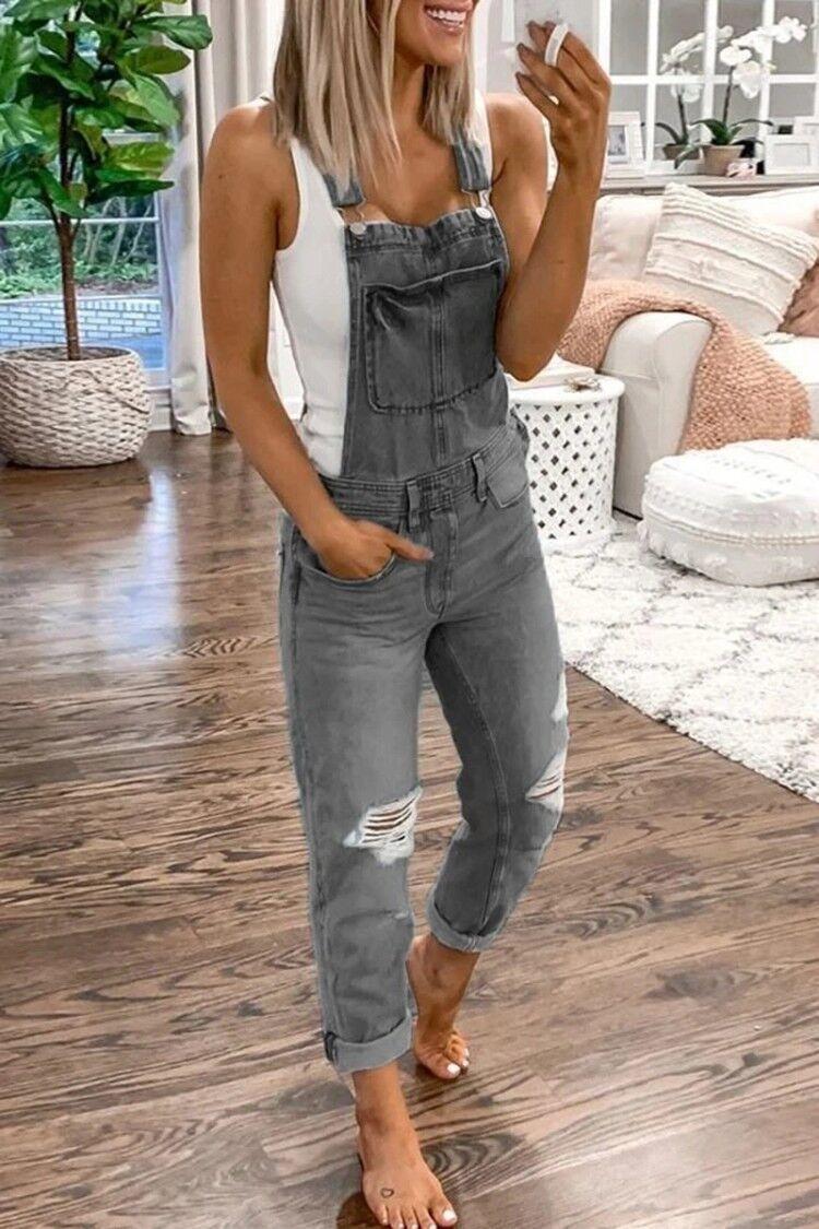 Women's Ripped  Bib Overalls Adjustable Straps Pockets Jean Rompers Casual Distressed Jeans Fit Jumpsuits   Style Sports Double Shoulder Strap Ripped  Jumpsuit Women's Casual Wear Dungarees Comfort rompers women romper Womenswear Basic