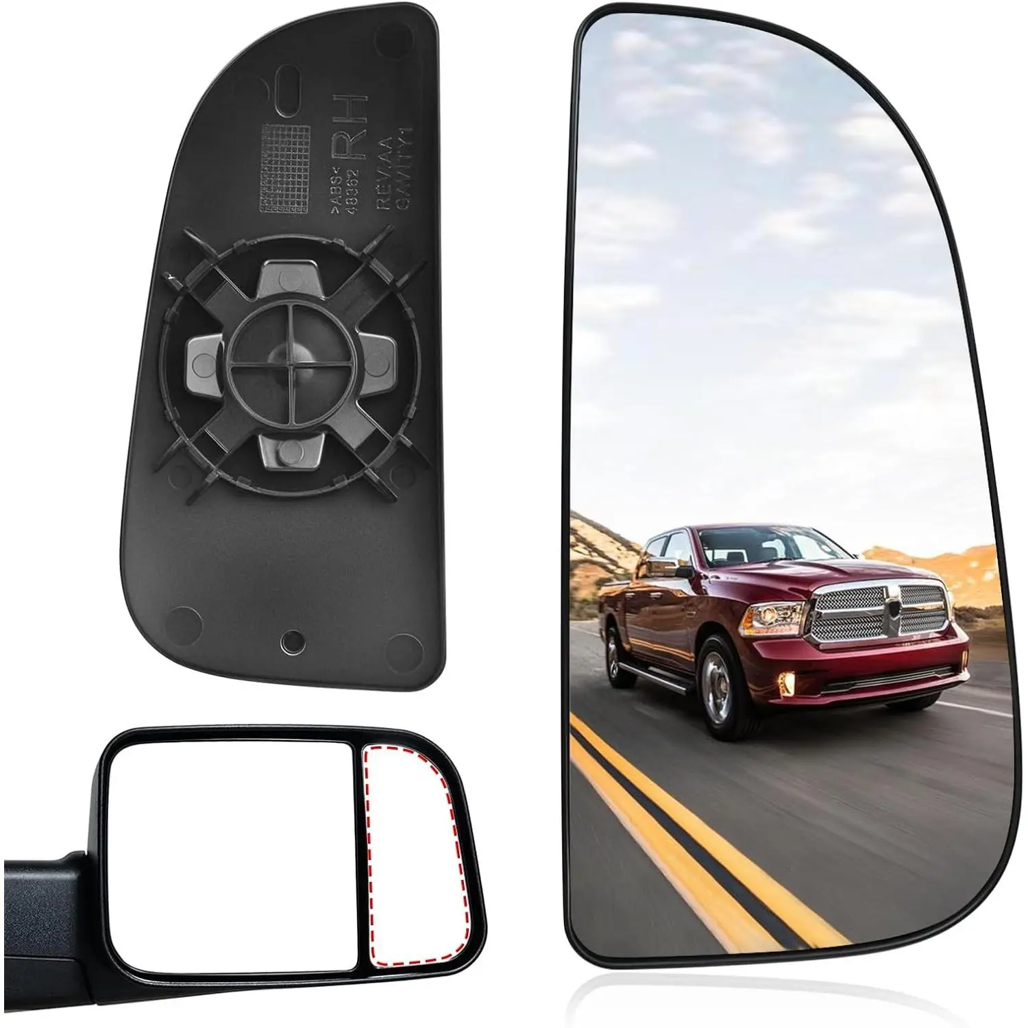 68067730AA Ram Passenger Right Side Lower Mirror Glass Replacement for 2010-2020 Dodge Ram 1500-5500 Towing Model, Convex With BracketGift
