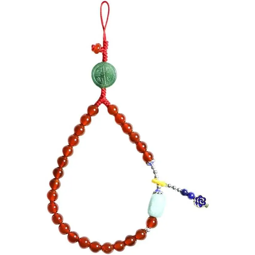 Red  Phone Charm Wrist Strap, Chinese Style Beaded Phone Lanyard Anti-Lost Chain with Jade  and Tassel,  Aesthetic Strap, Camera & Key Accessory, Red
