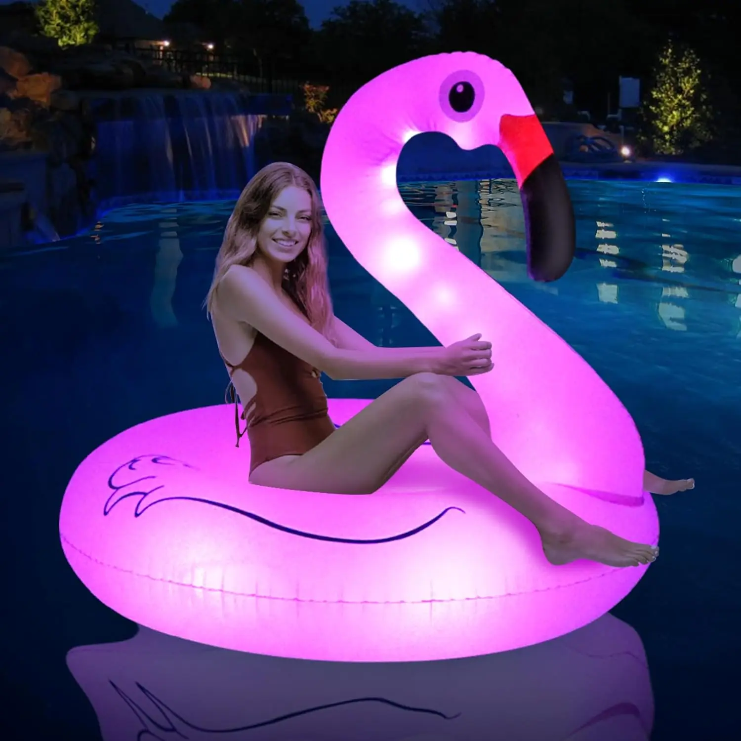 Inflatable Flamingo Pool Float with Lights, Solar Powered Pink Flamingo Float Ring, 42" Lake Beach Floaties Swimming Ring for Adults - Summer Pool Raft Lounger Water Party Supplies