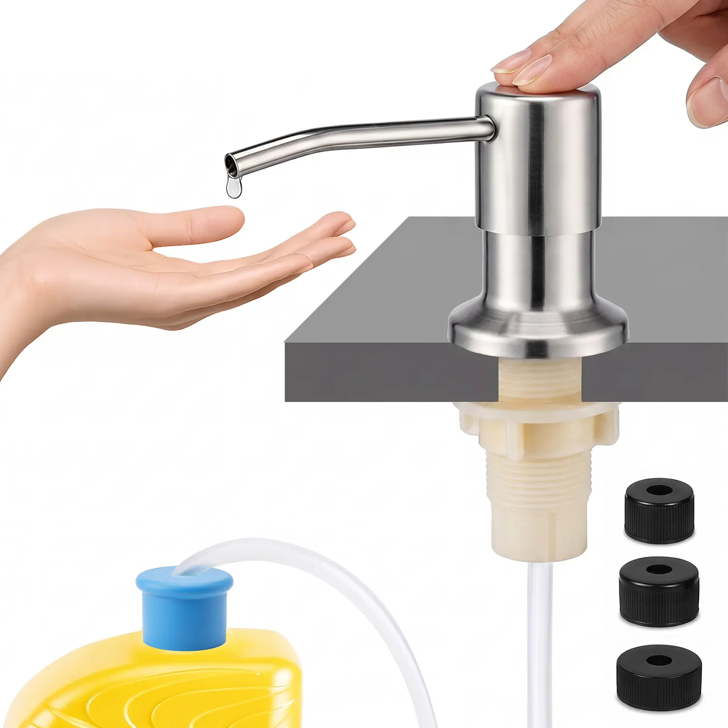 Dish Soap Dispenser for Kitchen Sink, Countertop Sink Soap Dispenser with Stainless Steel Pump and 47" Extension Tube Kit, No Need to Frequent Refills, Design for Kitchen Bathroom