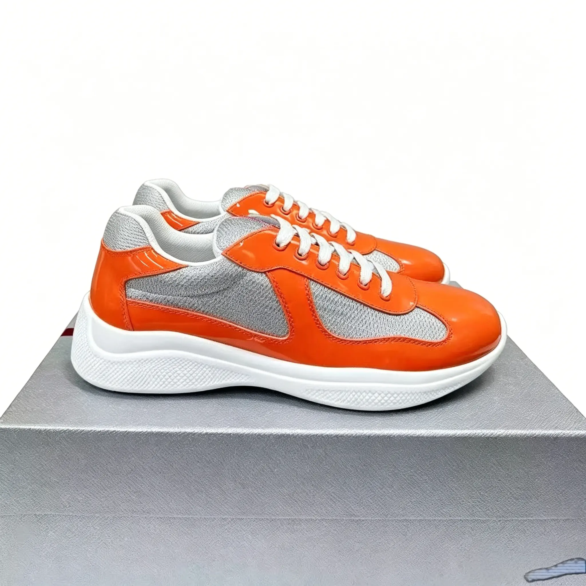 Orange Patent Leather Mesh Panel Sneakers for Men Women, Lace Up Lightweight Platform Walking Shoes, Breathable Upper Cushioned Non Slip Midsole Casual Streetwear Trainer Shoes Daily Travel Gym patent leather mesh sneakers platform