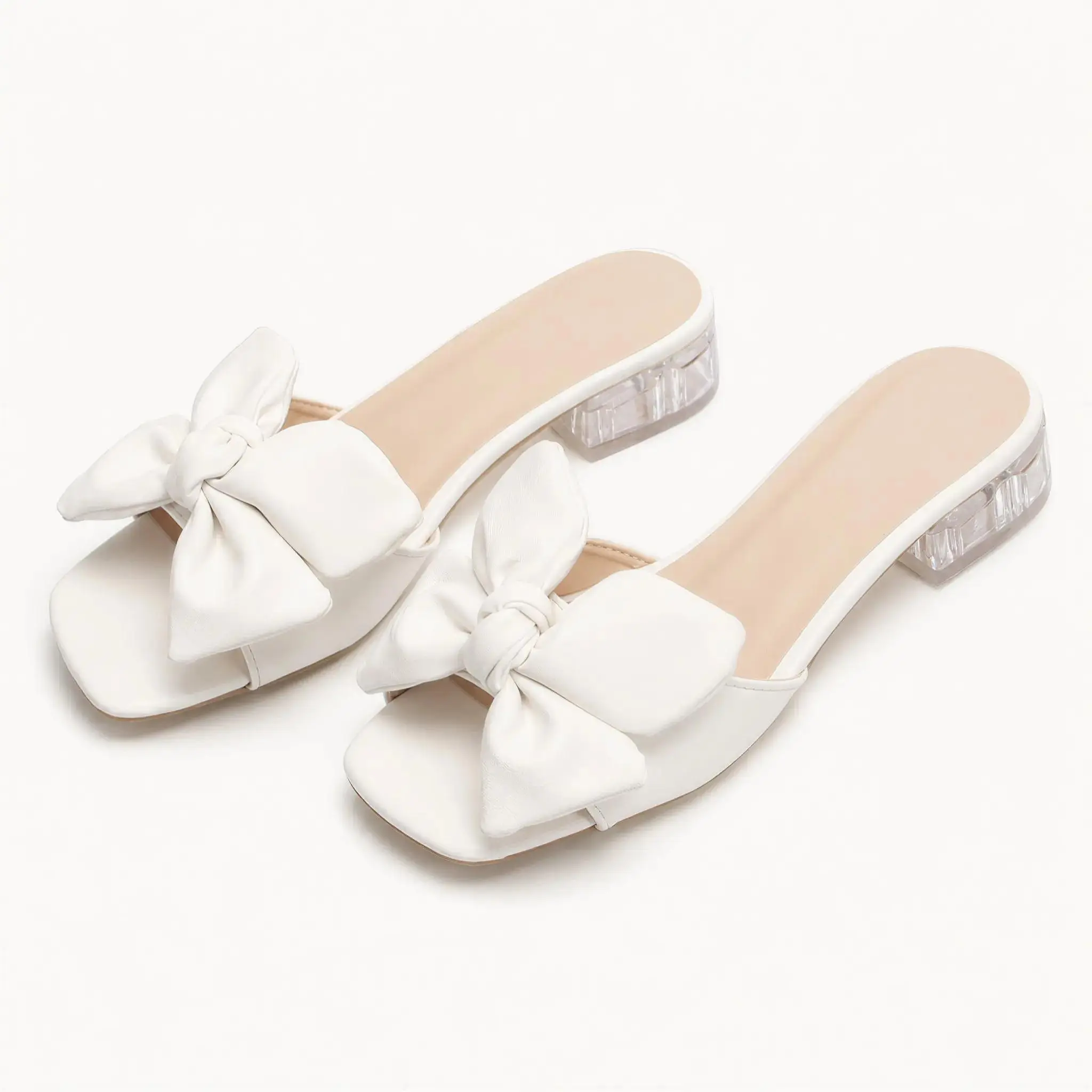 Women’s Bow Low Heel Slide Sandals, Square Toe Slip-On Dress Sandals with Clear Block Heel, PU Upper & PVC Sole, Elegant White Mules for Office, Date Night, Party & Spring Summer Outfits