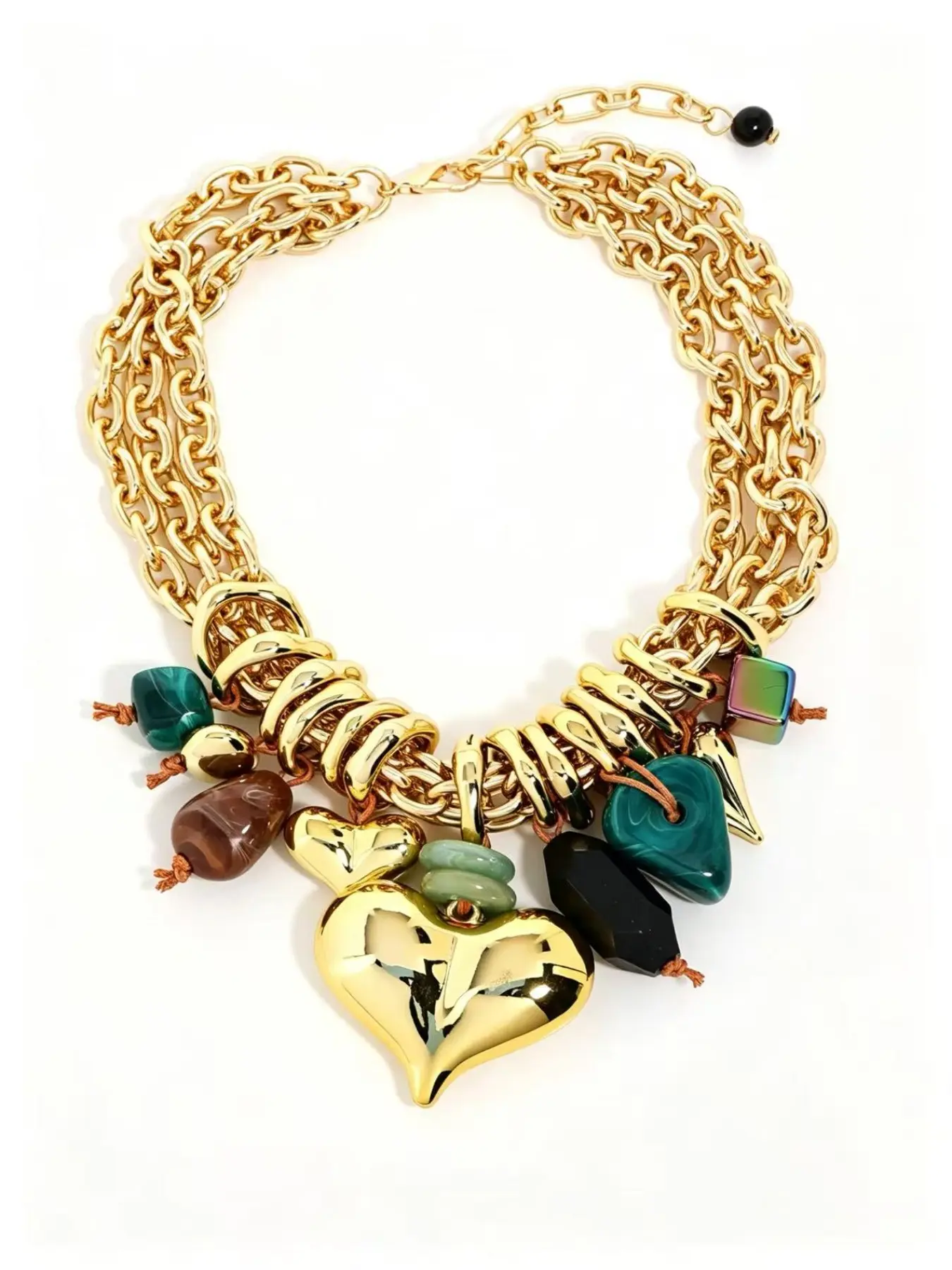 Luxury Thick Gold Chain Necklace with Colorful Stones, Shiny Heart Pendant, Vintage Women's Party Holiday Necklace, Boho Style