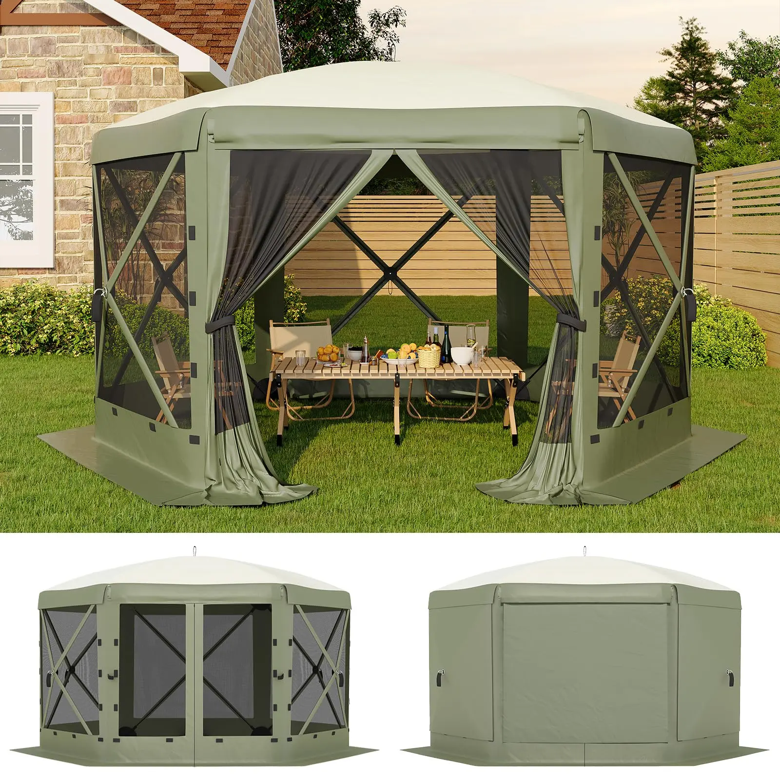 Garvee One-Push Quick 6-Sided Pop-Up Gazebo Screen Tent, 11x11/12 ft Outdoor Canopy Shelter - Mosquito Netting, Removable Wind Cloths, Quick Setup for Patio, Camping, Parties