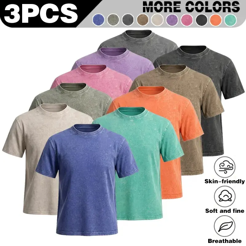 The new European code washing makes the old tie-dyed simple tops casual and fashionable sports T-shirts with short sleeves and men's breathable tops group clothes for men and women with the same style as the old country.