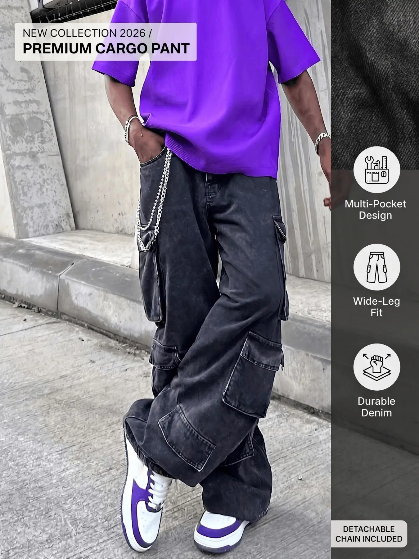 Men's Multi-Pocket Loose Fit Jeans, Y2K Hip-Hop Style Workwear, Grunge Jnco, Casual Street Fashion, Below the Knee, Zipper Fly