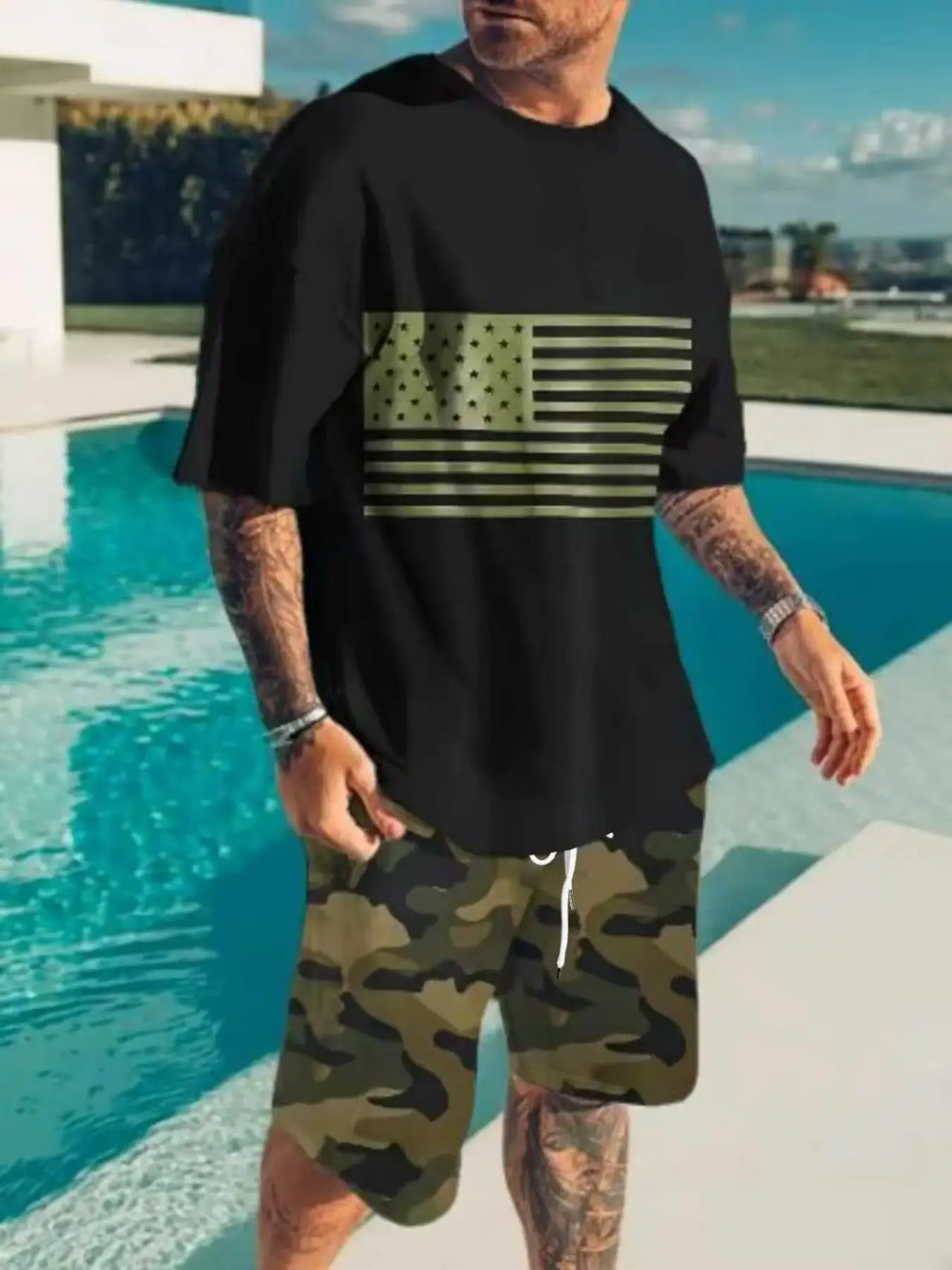 Men's Summer Casual Commuter Set Outfit, Menswear, Camo Colorblock Printed T-Shirt and Shorts Two-Piece, Indoor and Outdoor Workwear