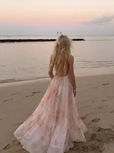 Boho French Style Watercolor Rose Long Dress, Deep V Strap High Waist Flowy Skirt, Perfect for Vacation, Garden Party, Casual Resort Wear