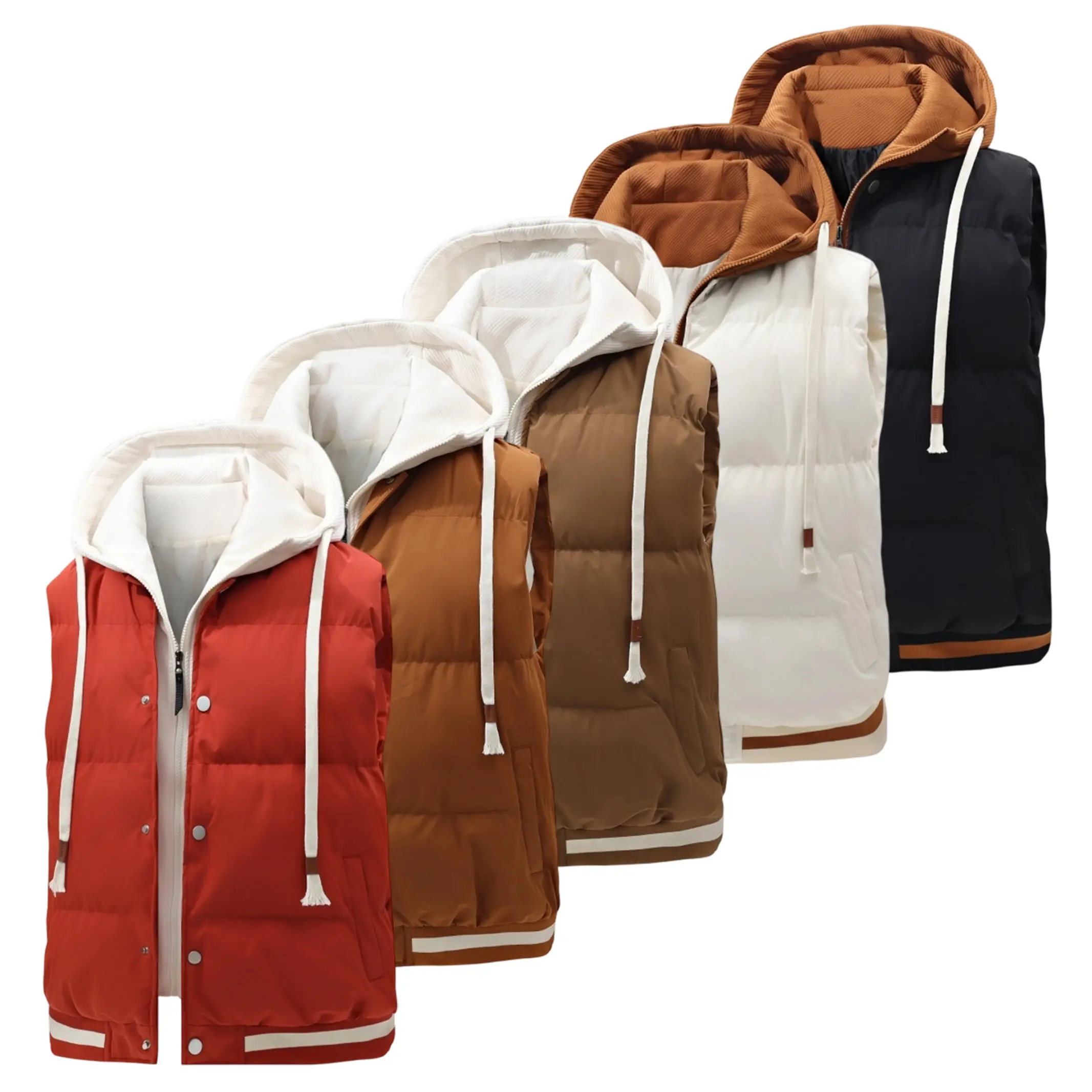 Guys Winter Hooded Puffer Vest Contrast Ribbed Hem Zip Up Snap Buttons Sleeveless Bodywarmer Jacket Casual Outdoors Tops Male Fashion Apparel cozy soft cool clean chic active sporty casual premium classic stylish durable trendy relaxed comfy vibe