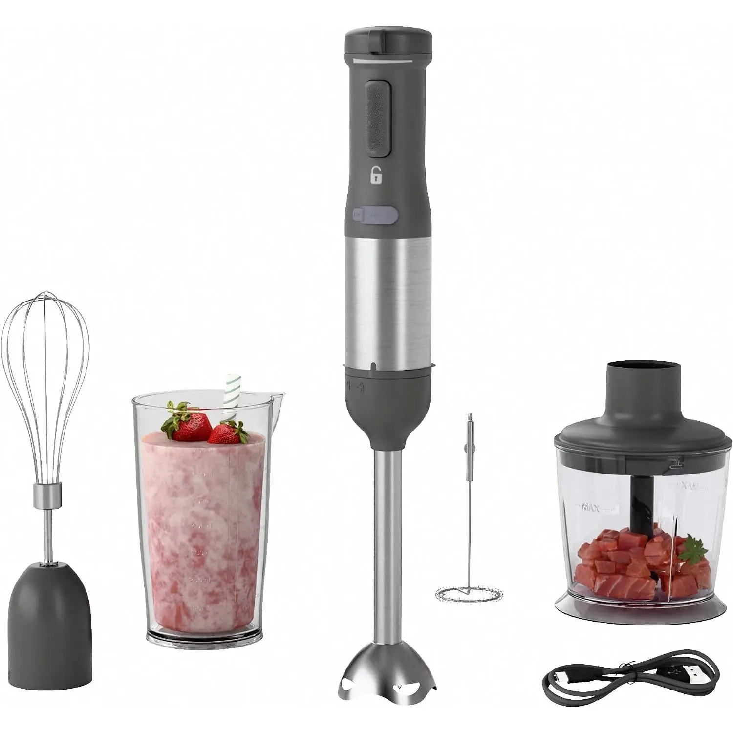 5-in-1 Cordless Immersion Blender with Rechargeable Handheld  | Variable-speed 2000mAh ,&Dishwasher-safe, with Beaker, , Whisk & Frother for Kitchen, Grey